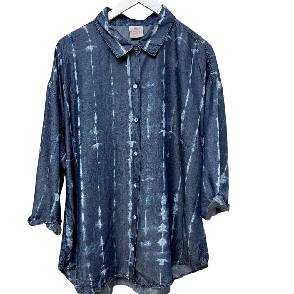 Laurie Felt Denim Shirt Large Blue Chambray Tie Dye Tencel Womens Top NWOT
